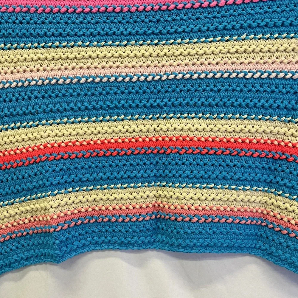 Vtg Afghan Crochet Blanket Handmade Fringed Throw 50x29 Baby‎ Blue Pink Cream